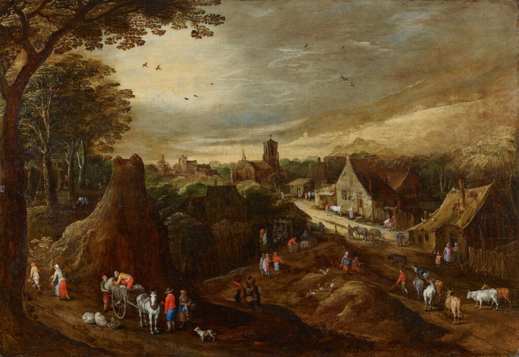 A painting in mostly muted brown colors depicts farmers and other people in rural Europe.
