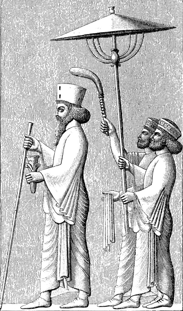 A sketch features a tall, bearded person in a robe holding a staff, and two shorter people in similar robes standing behind and angling a parasol over them.