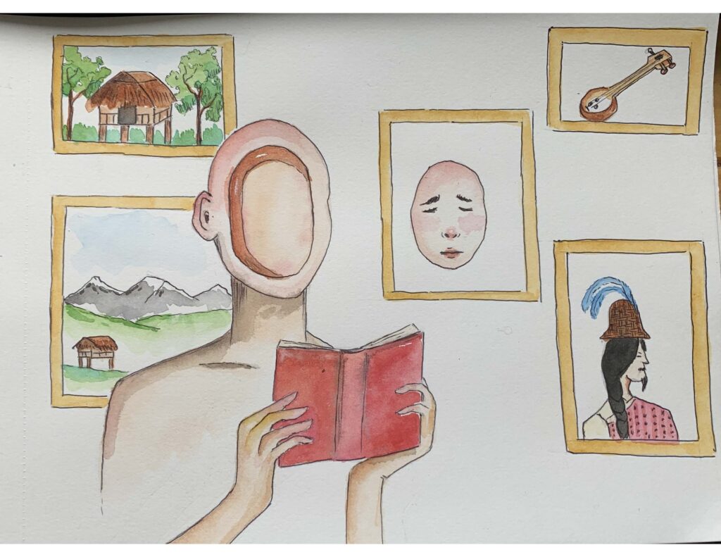 A watercolor drawing depicts a faceless person holding up a red book with framed pictures on a white wall in the background. Among the pictures are the person’s cut-out face, a person with braided hair and a blue feather in their brown fedora, a stringed instrument, and a brown thatched-roofed hut on stilts.