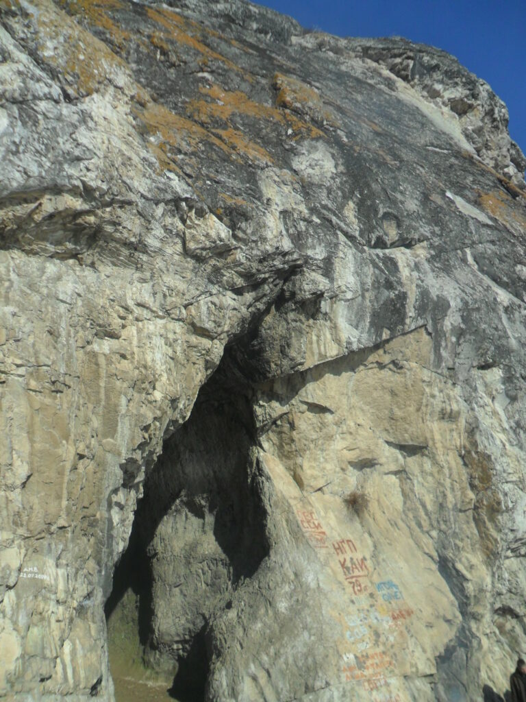 An opening of a cave is shown in which the entrance is tall and narrow.