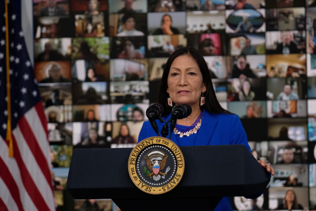 A woman wearing a blue dress stands at a podium with the seal of the U.S. president in front of an American flag and a wall of Zoom images of people.