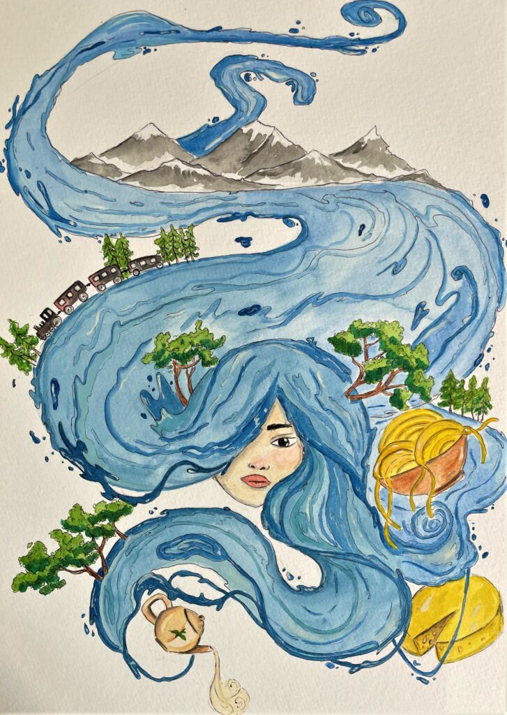 A sketch depicts a person’s face and long voluminous blue hair that resembles a river. Amid its waves are various objects: a bowl of noodles, yellow cheese wheels, green trees, and a gray, snow-capped mountain range.