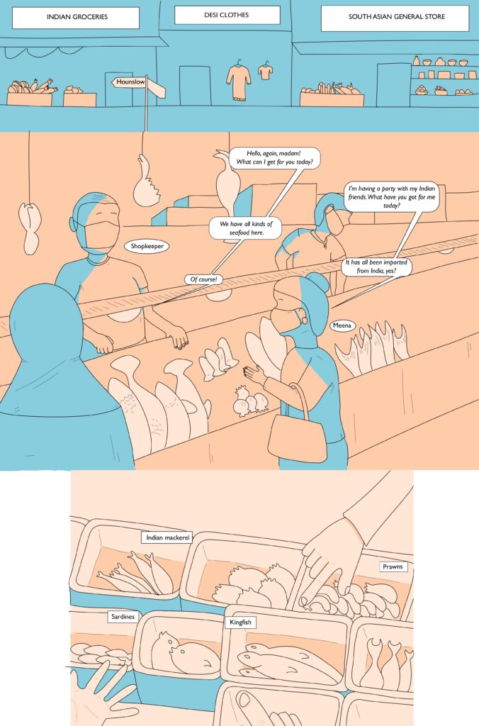 An illustration features three panels. The top panel shows a street with stores labeled "Indian Groceries," "Desi Clothes," and "South Asian General Store." The second panel shows a shopkeeper behind a food counter, with two customers in front. The shopkeeper asks, "Hello again, madam! What can I get for you today?" Meena replies, "I'm having a party with my Indian friends. What have you got for me today?" The shopkeeper replies, "We have all kinds of seafood here." Meena replies, "It has all been imported from India, yes?" He replies, "Of course." The final panel shows a variety of seafood: Indian mackerel, sardines, kingfish, and prawns.