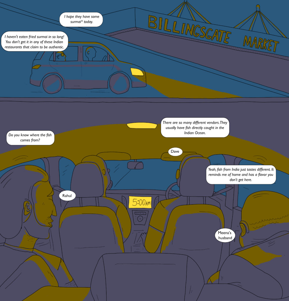 An illustration shows two panels. The top shows a car approaching a sign for Billingsgate Market. One person in the car says, "I hope they have some surmai today." Another replies, "I haven't eaten fried surmai in so long! You don't get it in any of these Indian restaurants that claim to be authentic." Below, a panel shows the interior of the car. In the back seat, a person named Rahul asks, "Do you know where the fish comes from?" In the driver's seat, a person named Dave replies, "There are so many vendors. They usually have fish directly caught in the Indian Ocean." Meena's husband, sitting in the back seat, adds, "Yeah, fish from India just tastes different. It reminds me of home and has a flavor you don't get here."