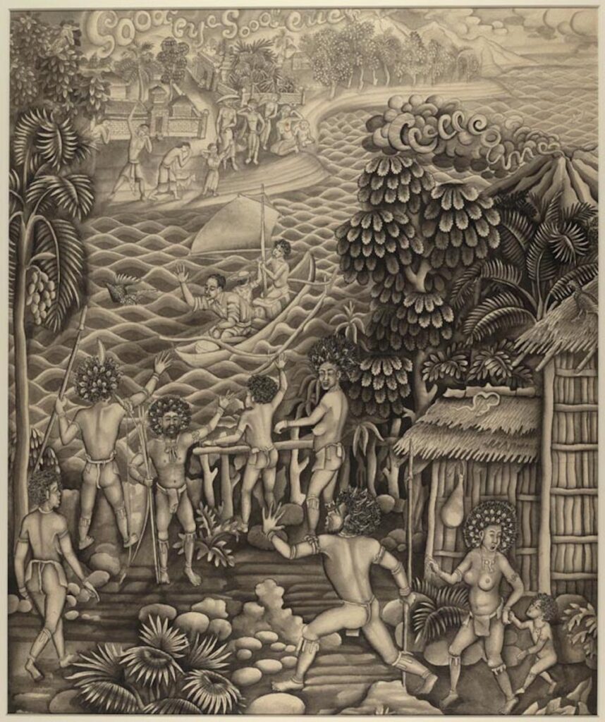 An ink drawing depicts people wearing loincloths and headdresses waving and running toward two people rowing in a boat. In the background, people on another shore wave.