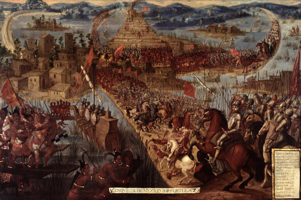 A painting features a busy scene of people—some on horses holding swords and red flags, others with feathered headpieces on foot—surrounding a city with a pyramid at its center.