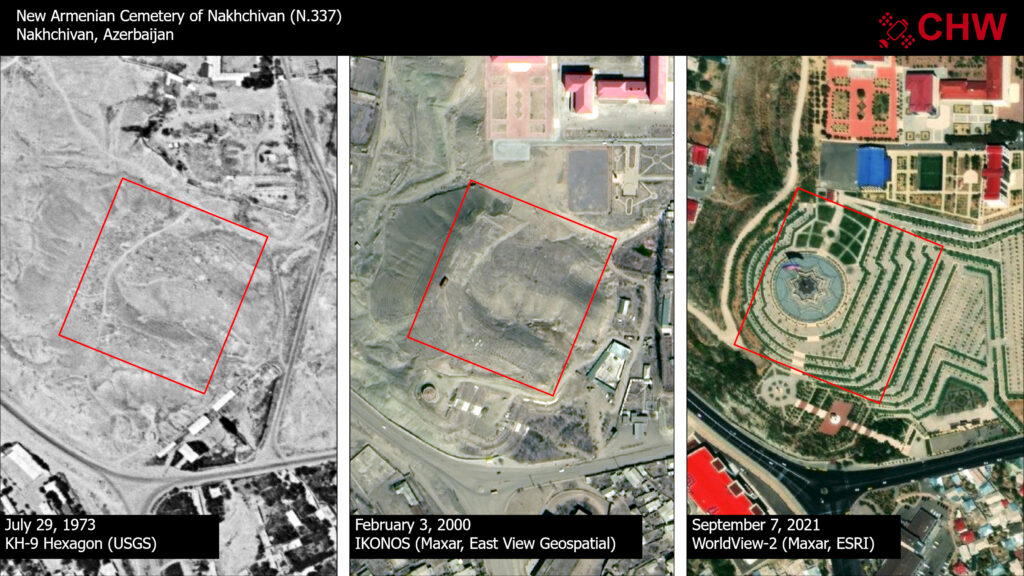 Three satellite images of the same land in 1973, 2000, and 2021 show mostly bare land replaced by an elaborate structure with stairs and green plants.