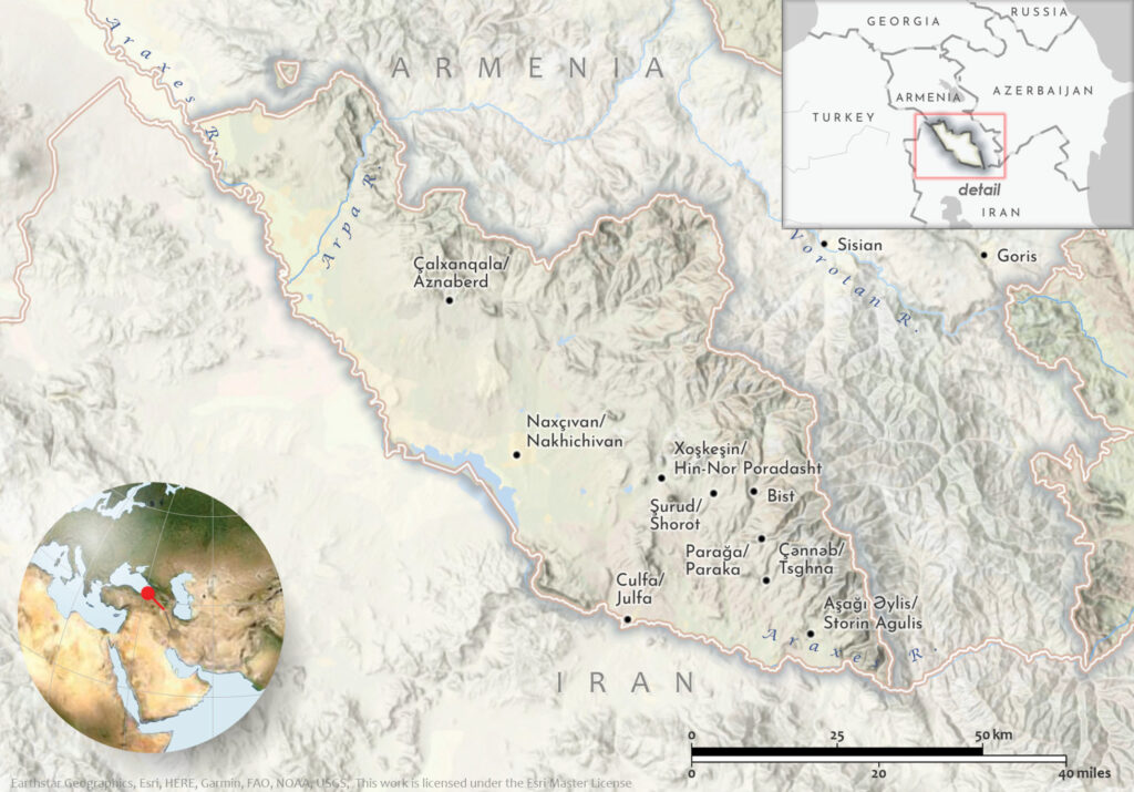 A topographic map shows an outlined region bordered by Armenia, Iran, and Azerbaijan. The map includes several black dots with words next to them, including Nakhchivan and Julfa.