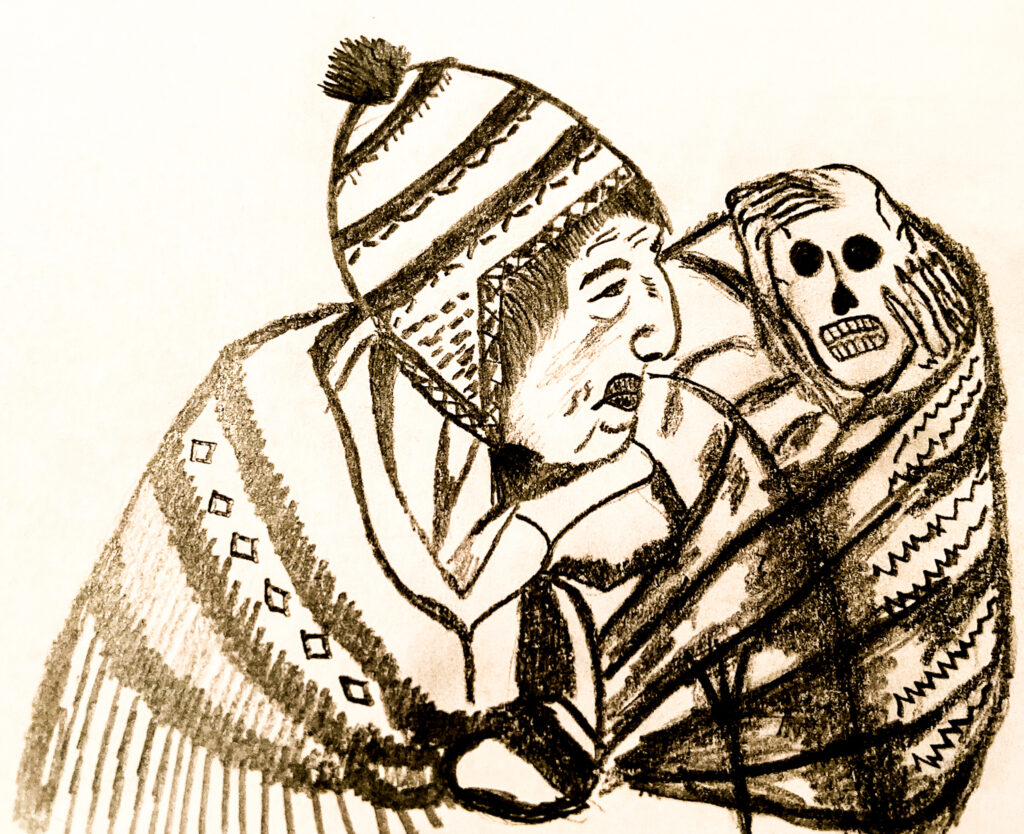 A pencil sketch features an older person in a patterned pom-pom hat and shawl looking to their left where their poncho holds a skull on their back.