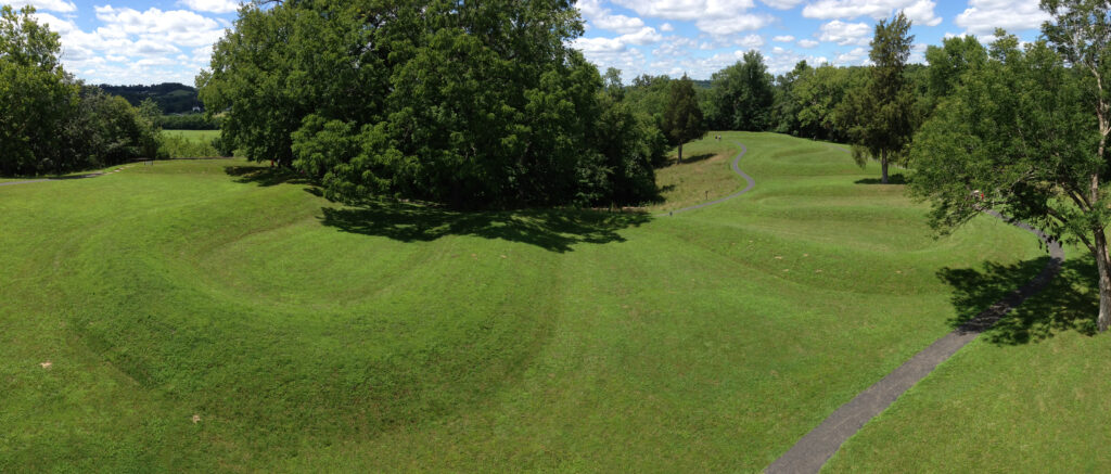 An expansive photo features a field of lush green grass lined in back by green trees and blue sky dotted with fluffy white clouds.