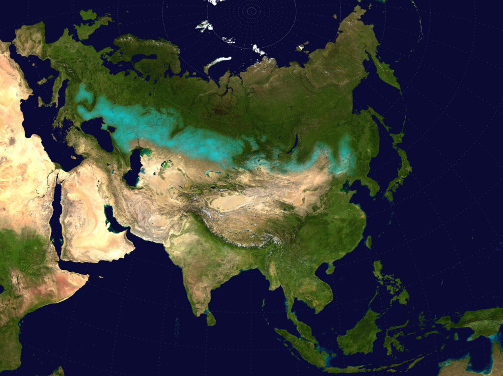 A map depicts the landmass of Eurasia shaded in variants of dark green and tan. A stripe of land toward the top of the landmass is highlighted in turquoise.