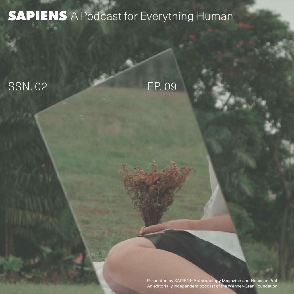 A mirror fragment set in a garden with a person holding folders.