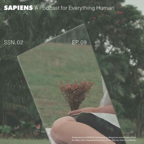 A mirror fragment set in a garden with a person holding folders.