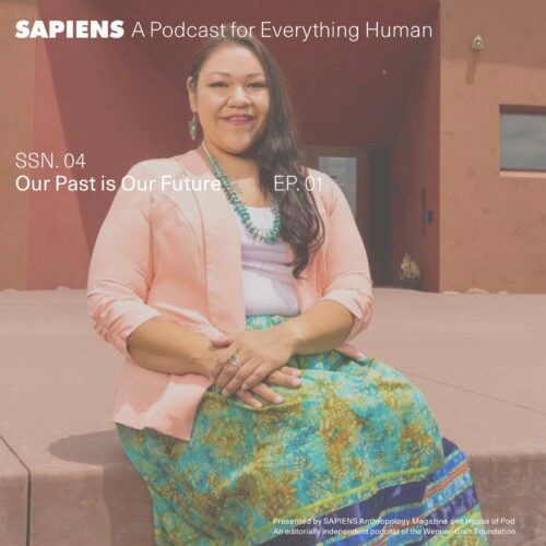 A woman with long black hair, turquoise necklace, and colorful skirt poses for a photograph in front of a plain building.