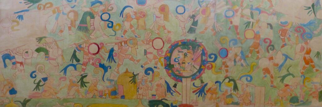 A pastel-colored mural depicts a battle with people wearing headdresses and holding shields and spears.