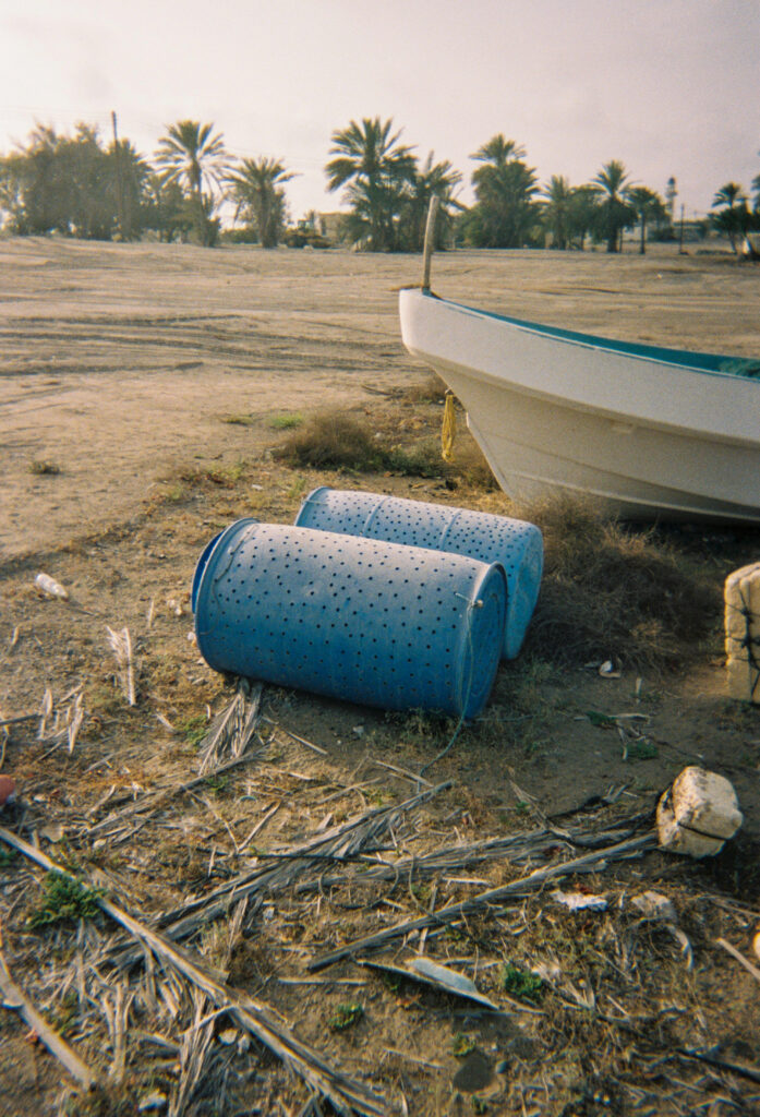 A photograph features a large dirt plot with a small white boat and two blue barrels covered in holes positioned in the foreground. Palm trees line the scene’s distant horizon.