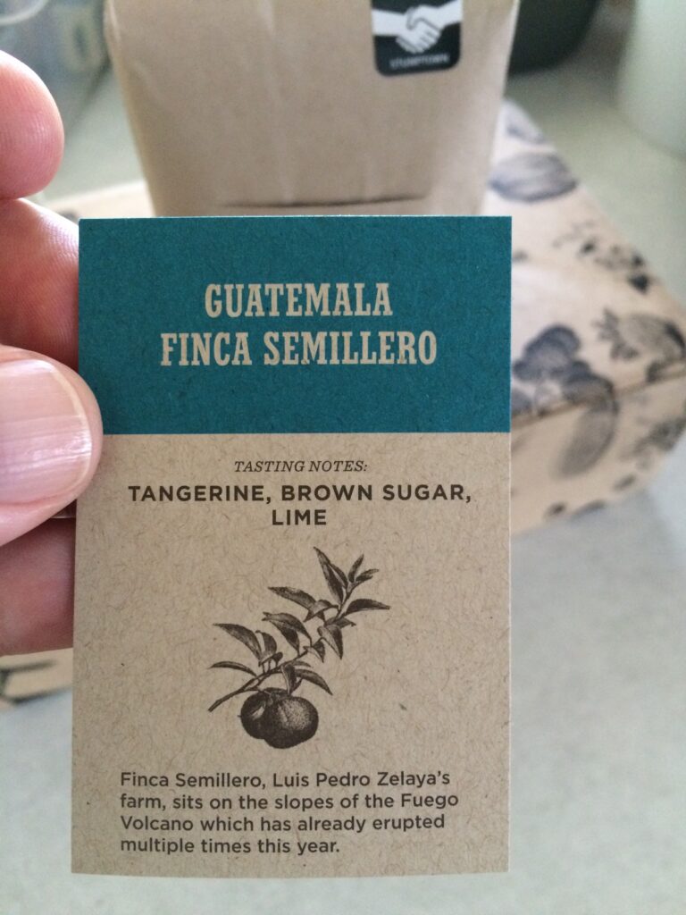 A close-up photograph features a hand holding a card with a green header along its top. Around a sketch of a fruit on a branch, the card’s text reads, “Guatemala Finca Semillero. Tasting Notes: Tangerine, Brown Sugar, Lime. Finca Semillero, Luis Pedro Zelaya’s farm, sites on the slopes of the Fuego Volcano which has already erupted multiple times this year.”
