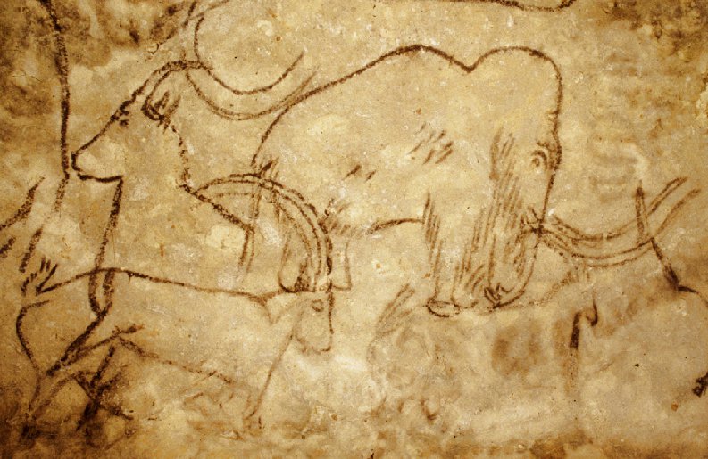 A photograph features rock art with etching of animals—a mammoth and several horned antelopes—painted across the expanse of a large, yellowed cave wall.