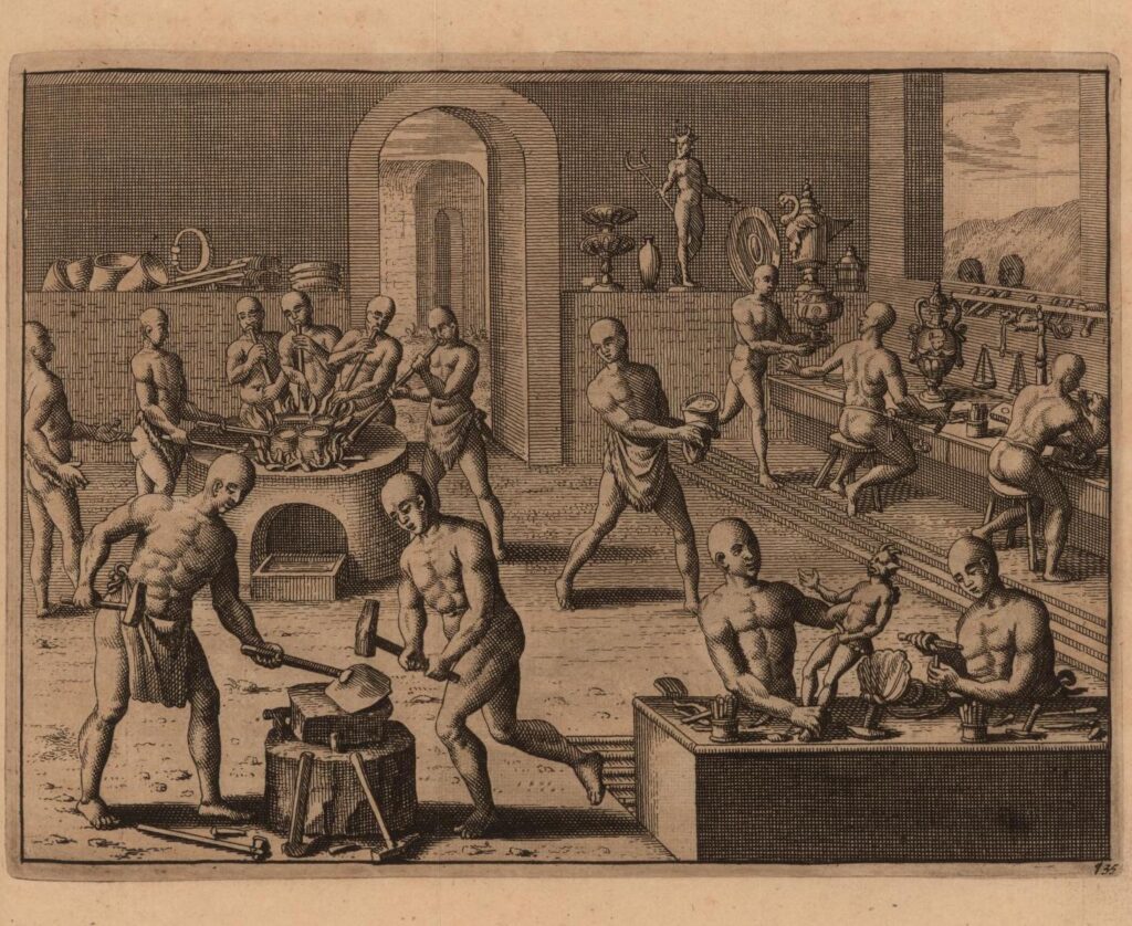 An illustration shows several people in loincloths working at various stations of a workshop. Some hit objects with hammers, others heat pots over open flames, and yet others build statues.