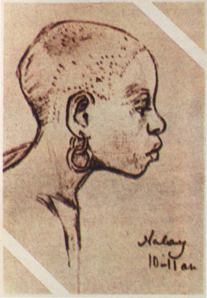 A black-and-white sketch depicts the profile of a person with very short hair and an earring from the shoulders up.
