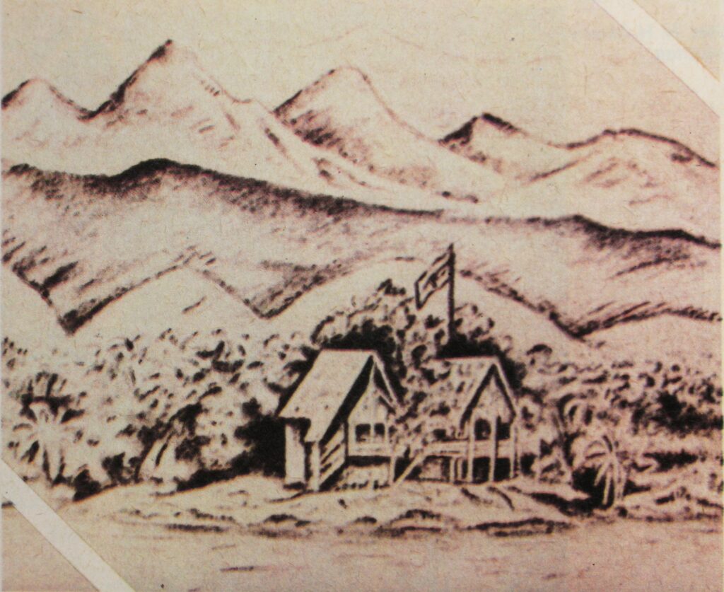 A black-and-white sketch shows a two-story building with a flag posted on top in the middle of a forest. In the background lies a mountain range.