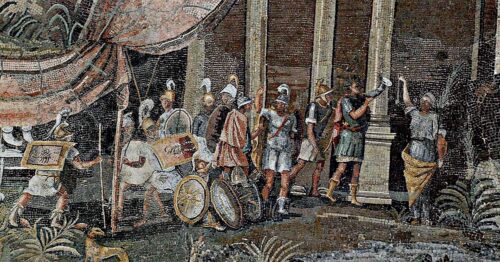 A colorful mosaic shows several people wearing helmets and holding metal shields in front of a pillared building.