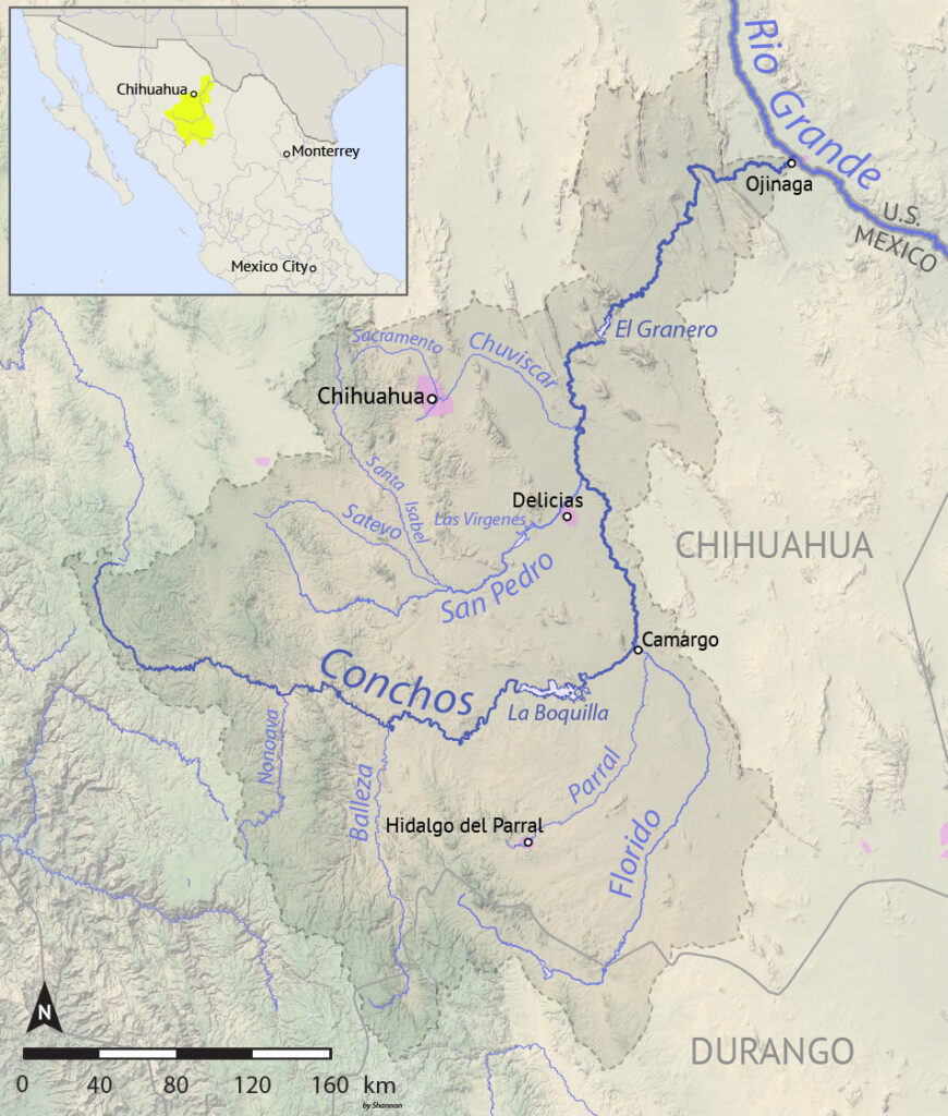 An illustration shows a highlighted part of Mexico and a zoomed-in map of terrain with several blue lines across it. Some text labels on the map include “Conchos,” “Chihuahua,” and “San Pedro.”