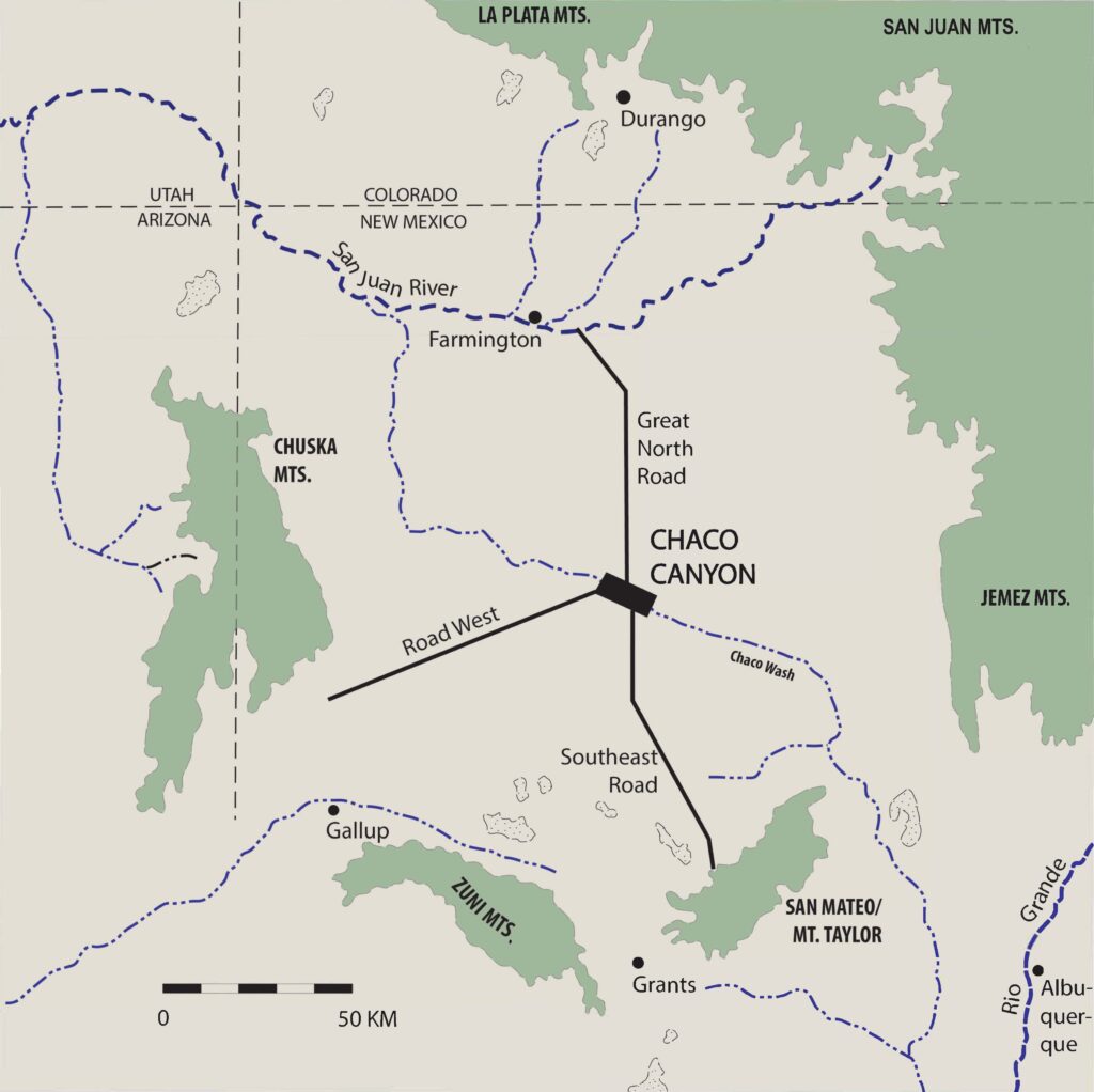 A beige map shows a black rectangle labeled “Chaco Canyon” at its center with several green shapes across it, each labeled as a different set of mountains. Several include Chuska Mountains, Zuni Mountains, San Mateo/Mt. Taylor, and a joint green section in the top right that includes Jemez Mountains, San Juan Mountains, and La Plata Mountains.