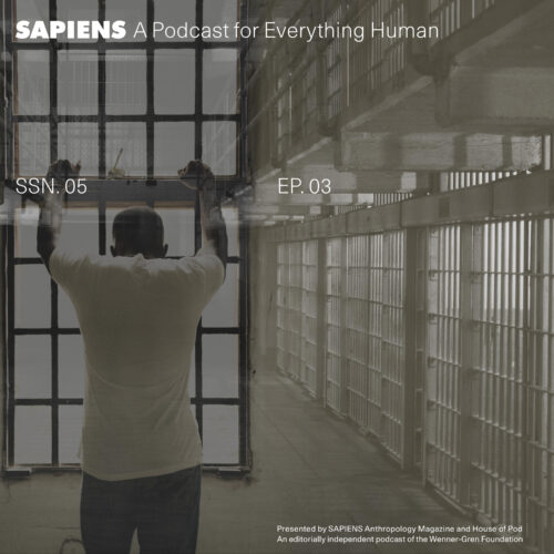 In a prison, a man has his arms up on the bars with his back to the camera.