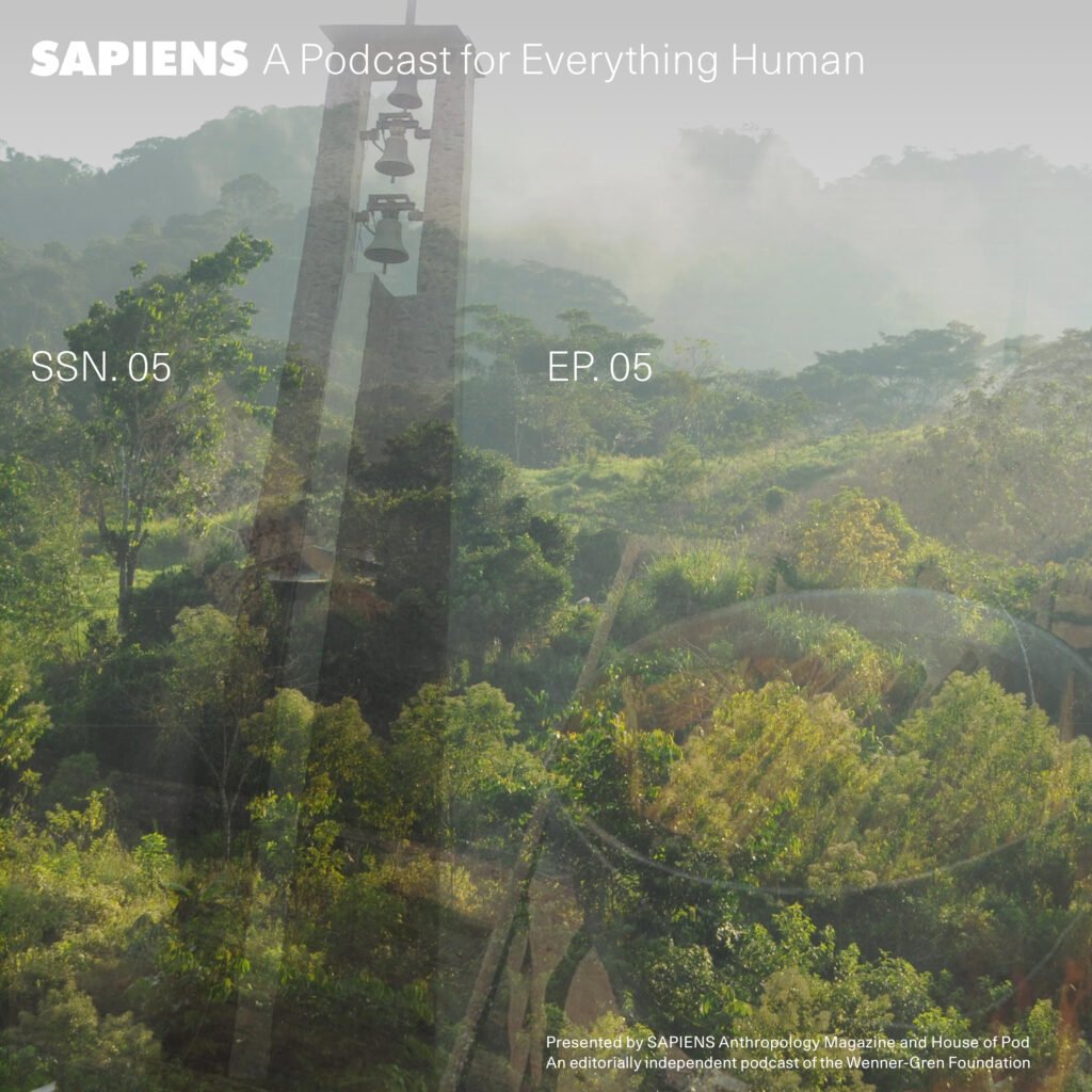 A layered image of a rain forest with a church bell and bowl.