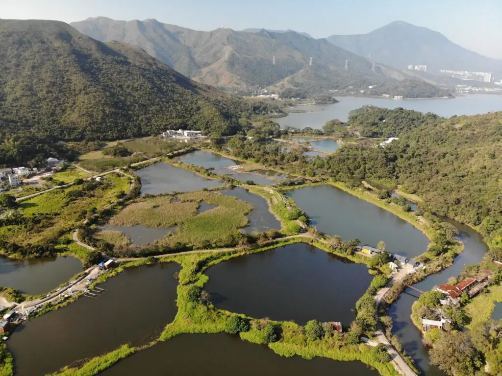 An aerial photograph features a landscape of circular bodies of water connected by thin land bridges covered with trees. A mountain range spans the background.