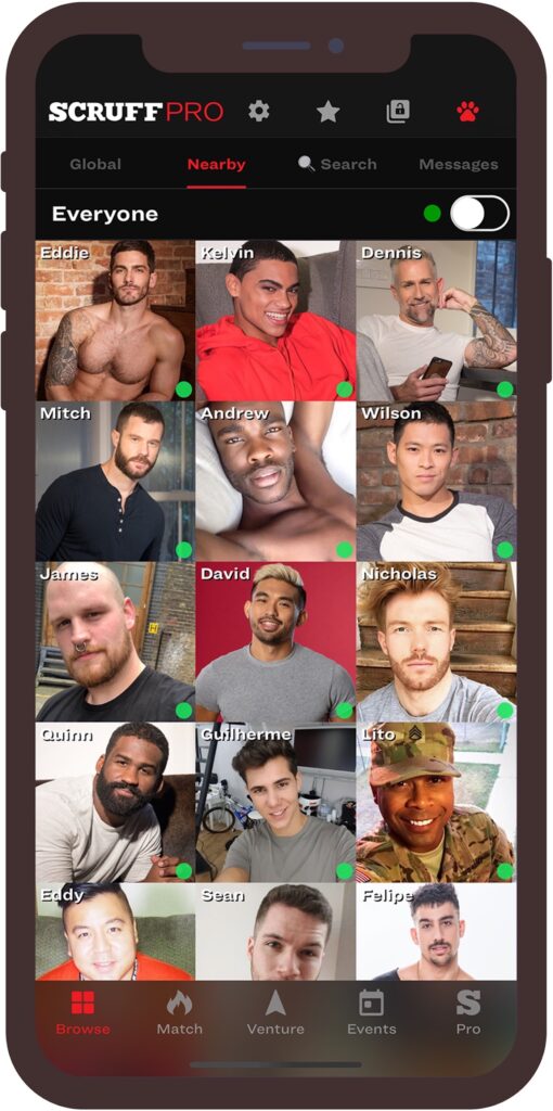 A phone screen has ScruffPro written in white and red in the top left corner above a grid of several different men’s faces and names.