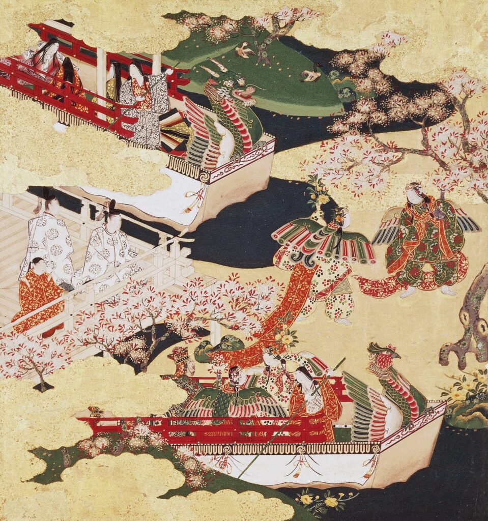 An illustration shows several people surrounded by trees covered in pink flowering plants.