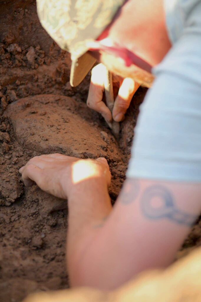 A person wearing a baseball cap leans over a dirt plot and uses a tool in their right hand to dig out a partly buried rock.