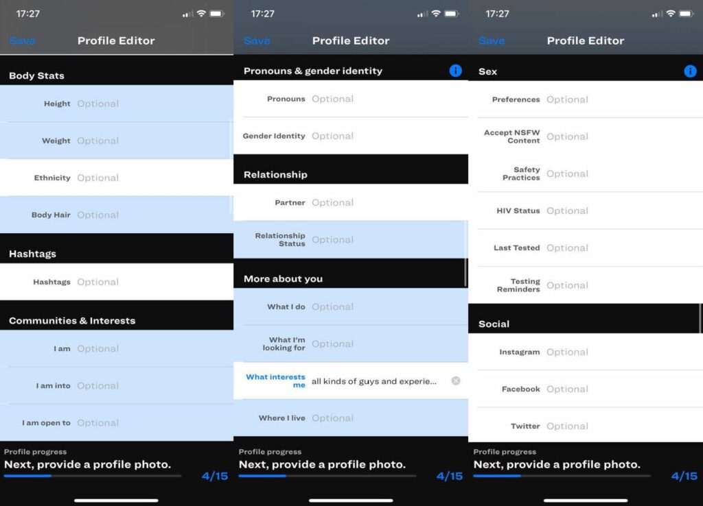 Three vertical panels of a dating app show different user screens. They offer lists with categories including but not limited to Body Stats, with added items such as Height, Weight, and Ethnicity; Communities and Interests; Pronouns and Gender Identity; Relationship; and Sex, with added items such as Preferences, Safety Practices, HIV Status, and Last Tested.