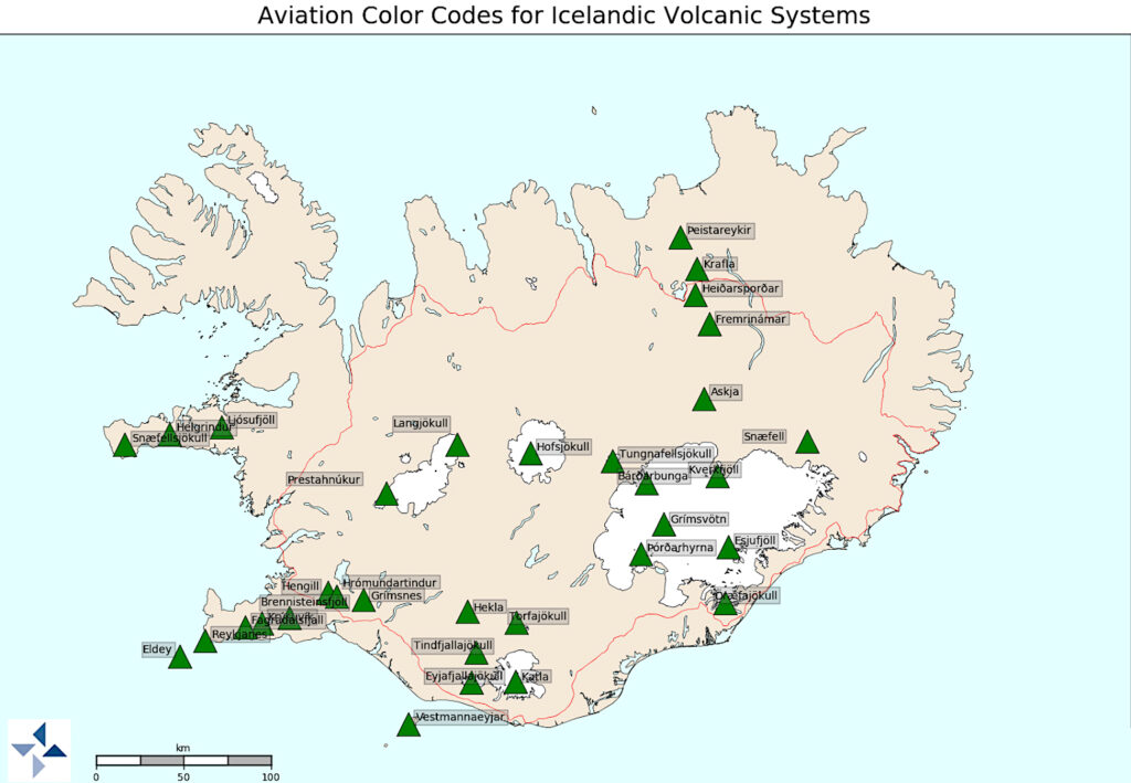 A map depicts a large beige island with numerous green triangles scattered around the landmass, each with a label. Some of the labels read: “Hekla,” “Reykjanes,” “Katla,” “Krafla,” “Askja,” “Snaefell,” and “Peistareykir.”