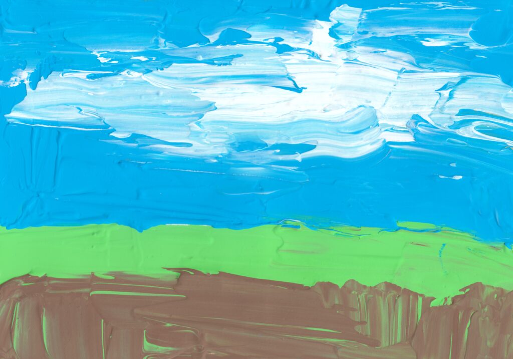 A painting shows a blue sky, green grass, brown earth, and white clouds.