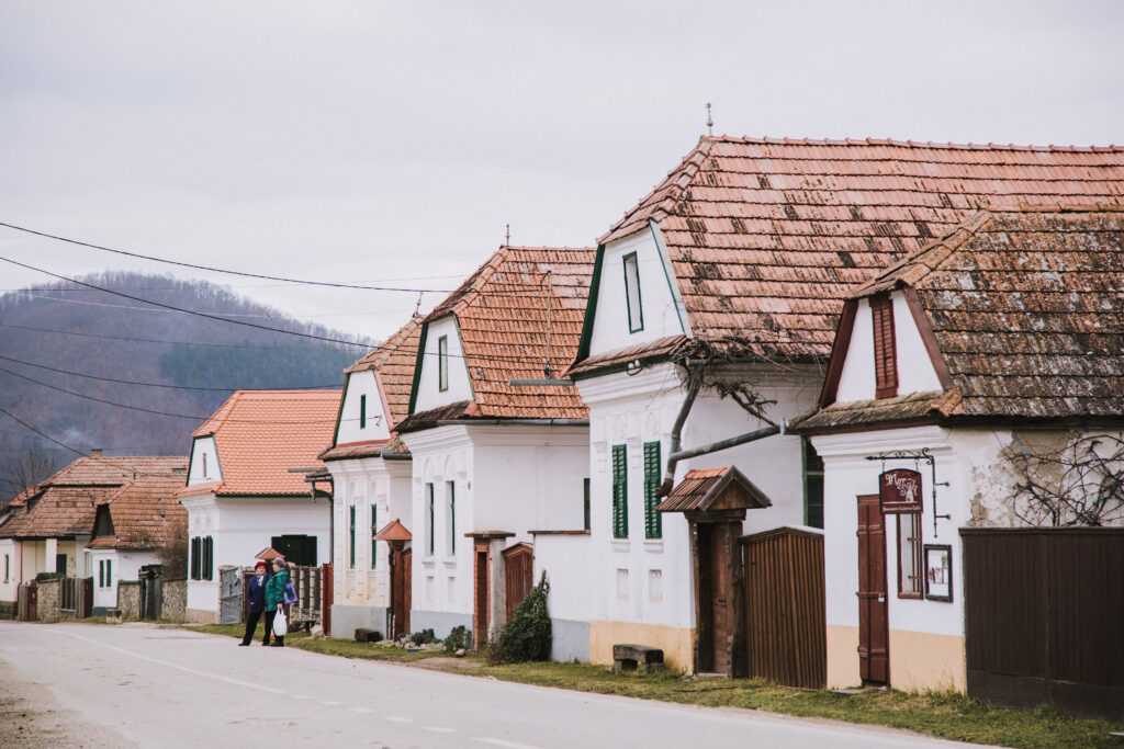 Several white houses with tan tiled roofs lined a cement road. Two people are barely visible on the roadside, and a tree-covered mountain towers in the background.