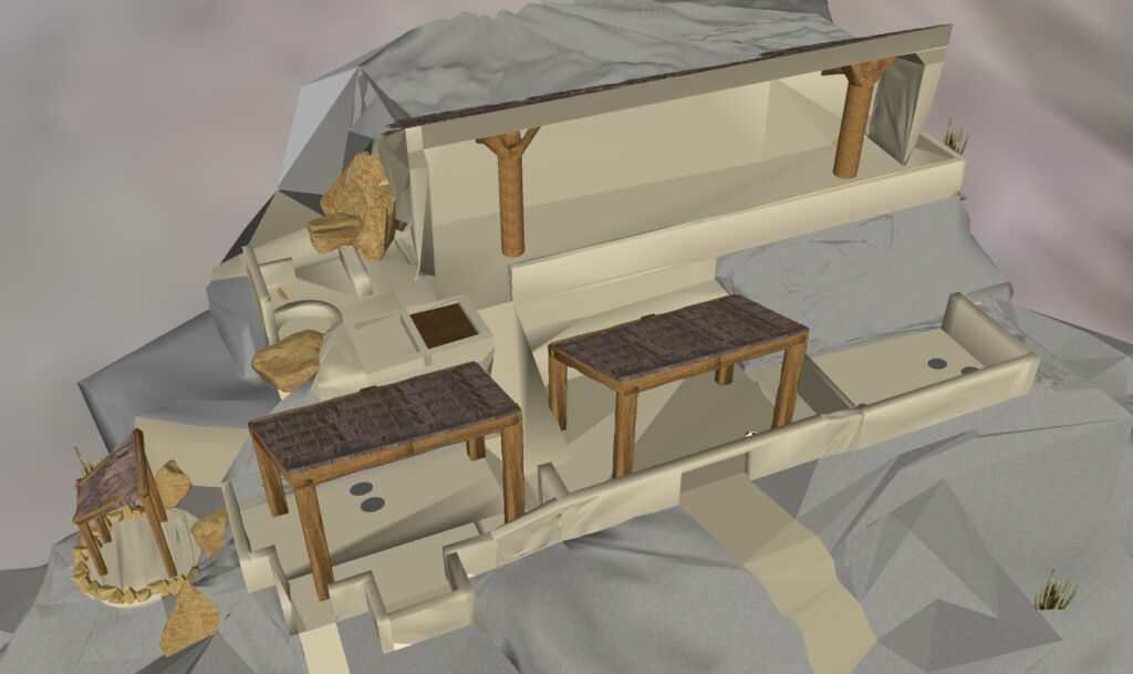 A computer graphic shows several brown pillared structures and smaller tan rocks surrounded by rocky gray terrain.