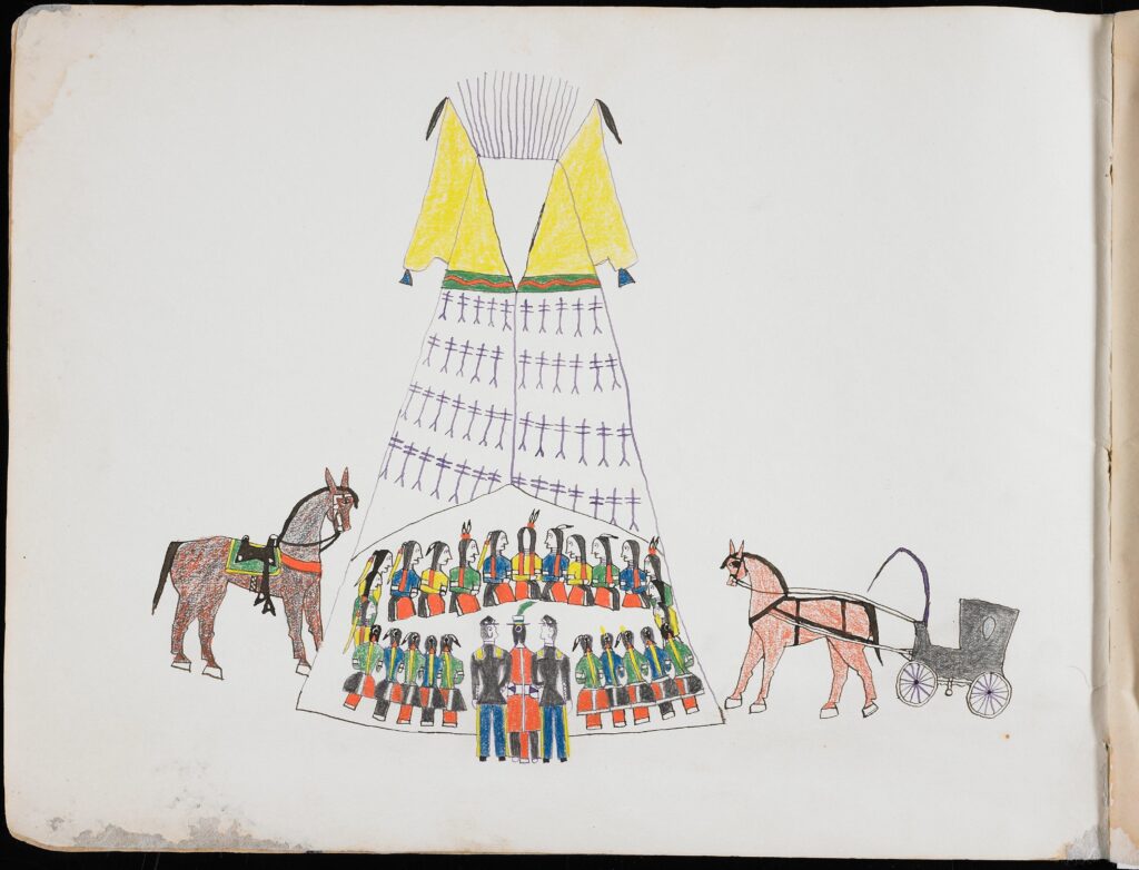 An illustration depicts more than two dozen people in colorful clothing and feathers in their hair seated in a circle inside a tipi. Three people stand outside, and two horses flank the structure.