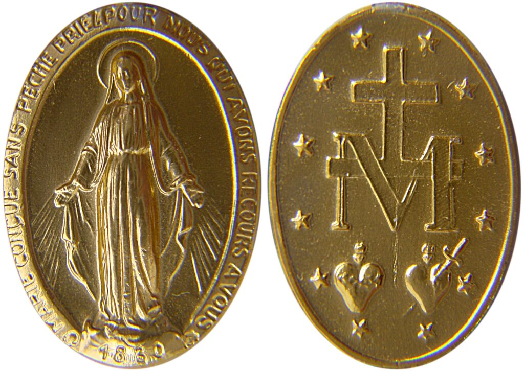 Two gold ovals sit side by side on a white background. The one of the left features a robed, haloed woman surrounded by a ring of Latin words. The one on the right features the letter “M” with a cross over it and two hearts beneath, the one on the right pierced with a sword.