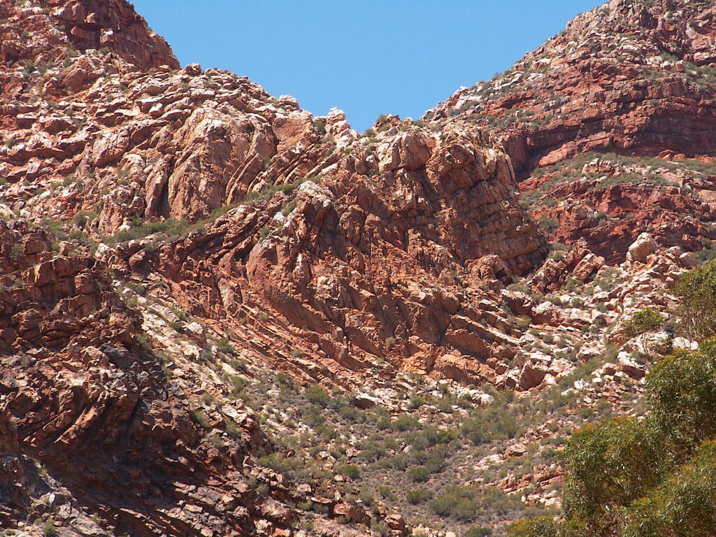 A bumpy, terracotta-colored rock face with green shrubs scattered over it fills a photograph with only a bit of blue sky visible beyond its horizon.