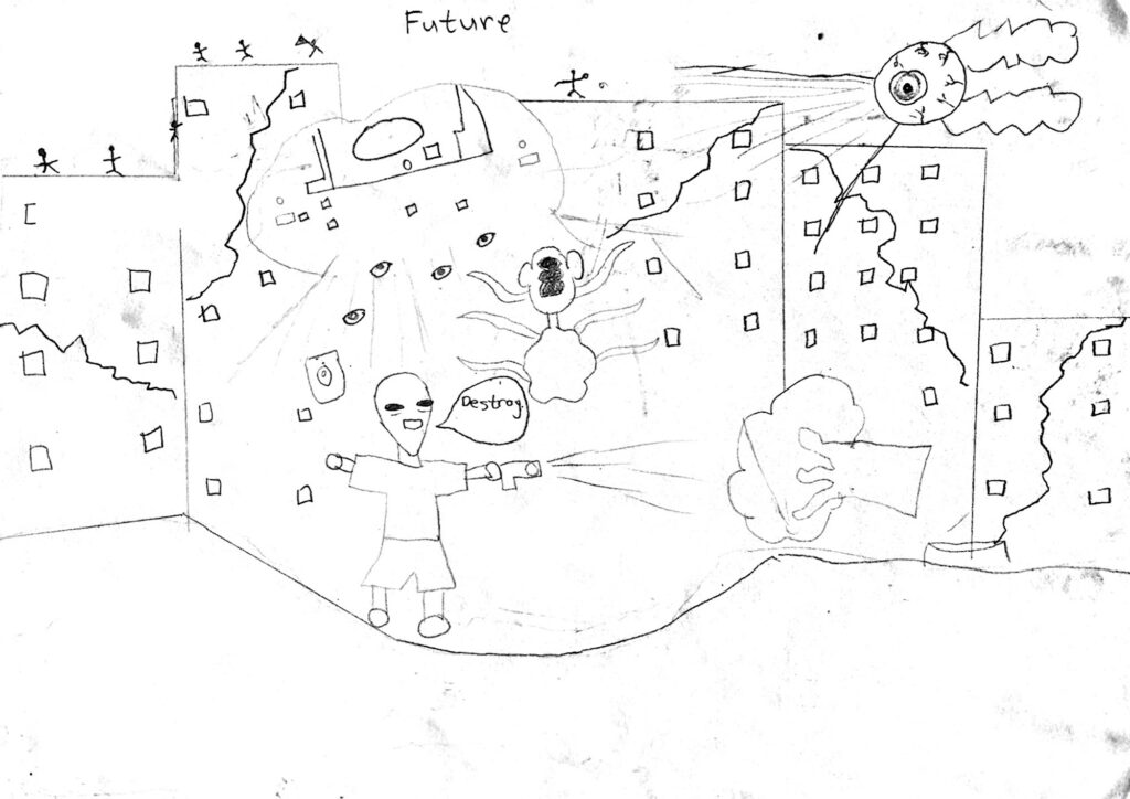 A sketch depicts an alien figure shooting a gun and yelling “Destroy” surrounded by a six-legged alien, a fallen tree, stick figure people running across the roofs of large buildings, a large eyeball shooting lasers from above, and writing across the top that reads “Future.”