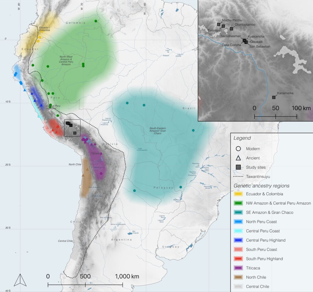 A map of South America is largely white with black border lines. Sections of its left side and center are shaded in different colors, including purple, yellow, teal, green, red, and brown, and an array of circles, triangles, and squares are scattered throughout. A rectangular key on the right side of the map labels circles as “modern,” triangles as “ancient,” and squares as “study sites.”