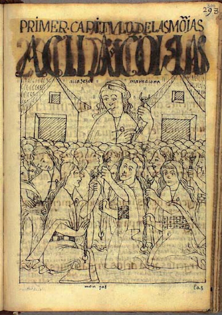 A beige-colored page from a book features sketches of a woman standing between two houses over a crowd of smaller-sized people.