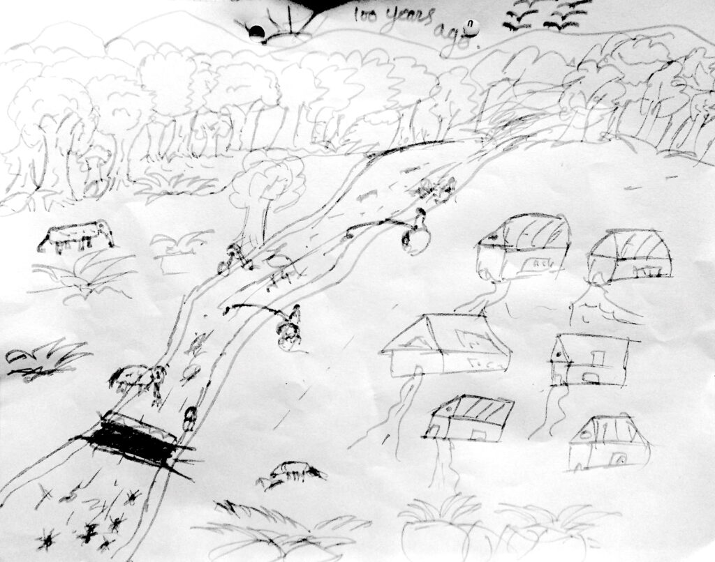 A sketch depicts a village with two rows of detached thatch-roofed houses next to a river that flows into a forest in the background. A horse grazes on the river’s opposite side. Several stick figure people are in the river fishing, swimming, and washing things.