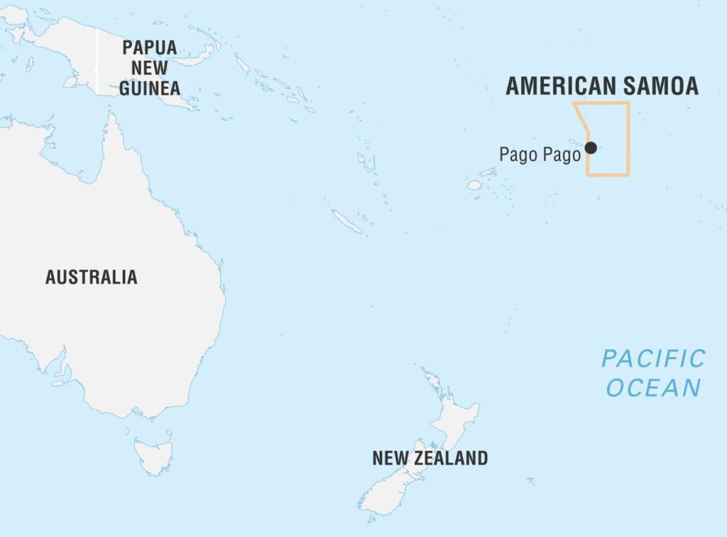 A map shows the Pacific Ocean in blue with American Samoa detailed in an orange rectangle, with a black dot for Pago Pago. Nearby on the map are Papua New Guinea, Australia, and New Zealand.