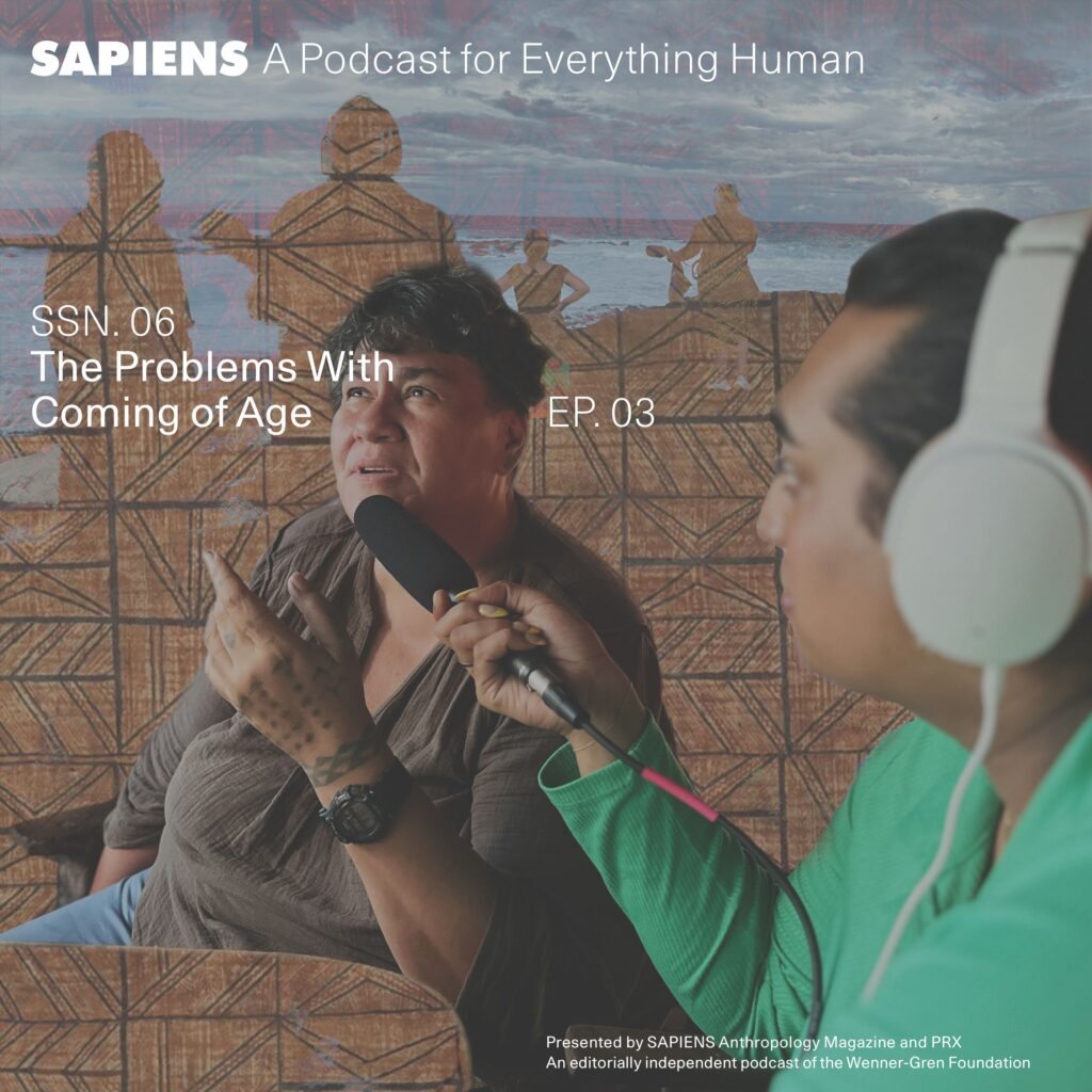 A women wearing large earphones holds a microphone up to a Samoan women speaking, with a collage of figures in tapa cloth designs in the background.