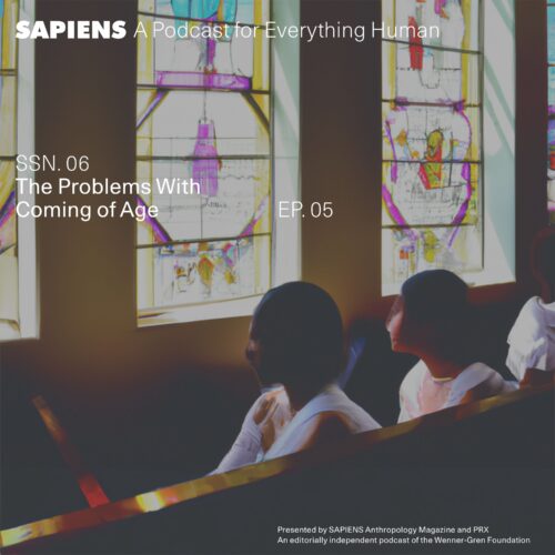 Several women with distorted faces, in a collage-type rendering sit in church pews and stare at colorful stained glass windows.