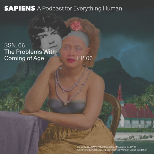 In a collage rendering, a Samoan woman sits in a dark and forbidding landscape with a mask of another women pulled to the side of her face.